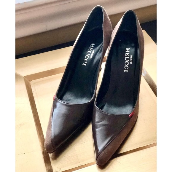 Sesto Meucci Brown Taupe Suede & Contrast Leather Pointy Toed Heels 6.5 N Narrow - Picture 6 of 12